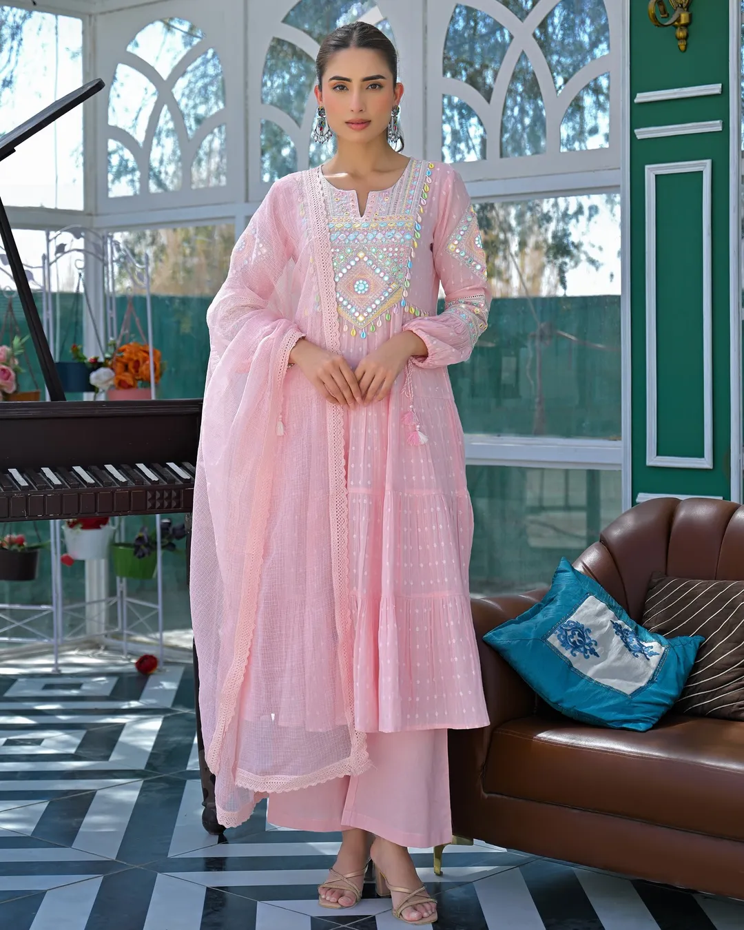 Ivory Floral Embroidered Chanderi Silk Kurta Set Women