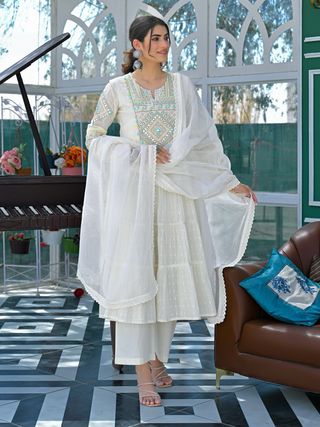 Ivory Mirror Embroidered Cotton Kurta Set With Dupatta