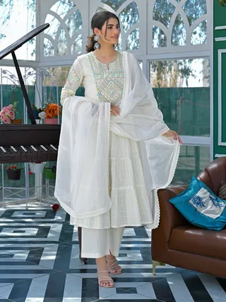 Ivory Mirror Embroidered Cotton Kurta Set With Dupatta