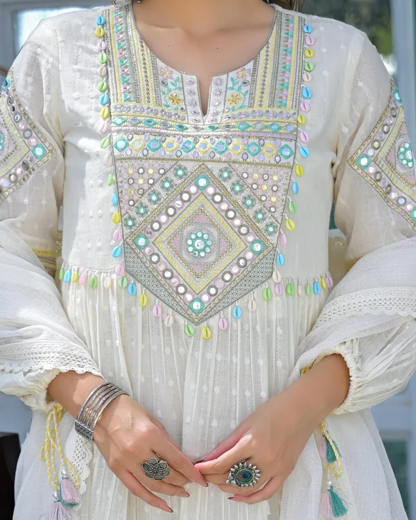 Ivory Mirror Embroidered Cotton Kurta Set With Dupatta
