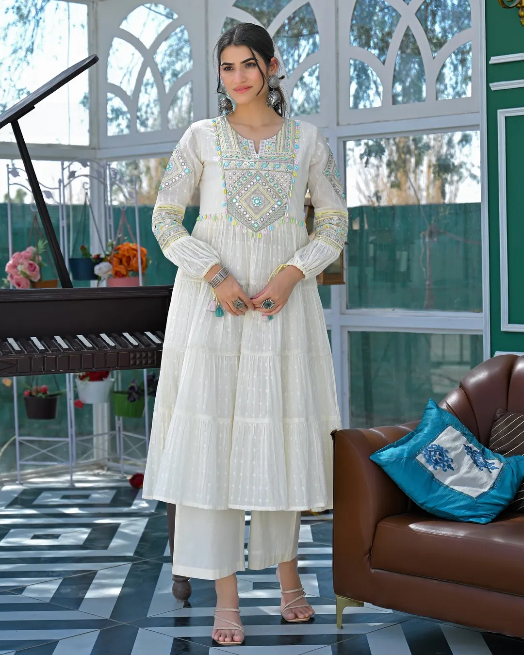 Ivory Mirror Embroidered Cotton Kurta Set With Dupatta
