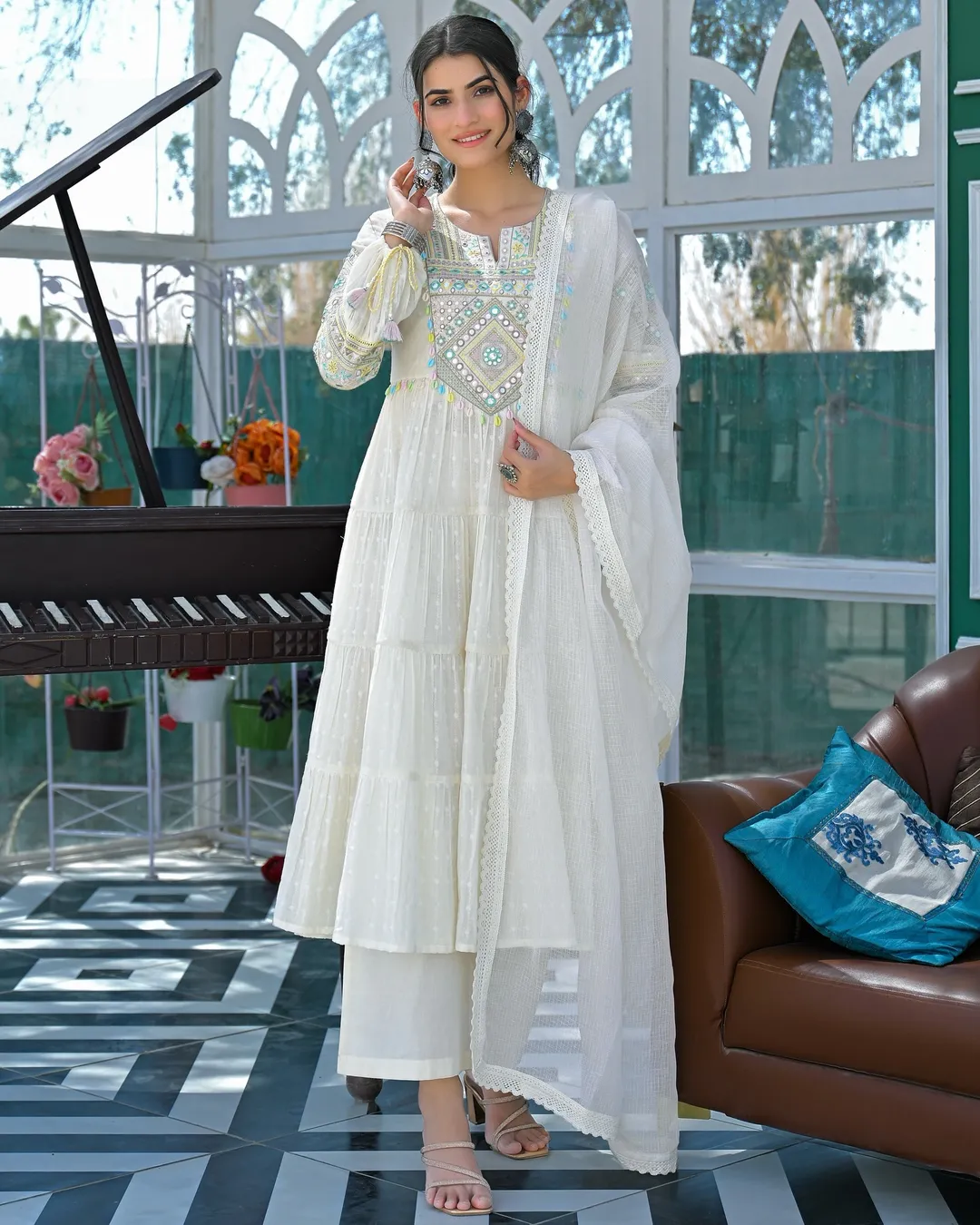 Ivory Mirror Embroidered Cotton Kurta Set With Dupatta