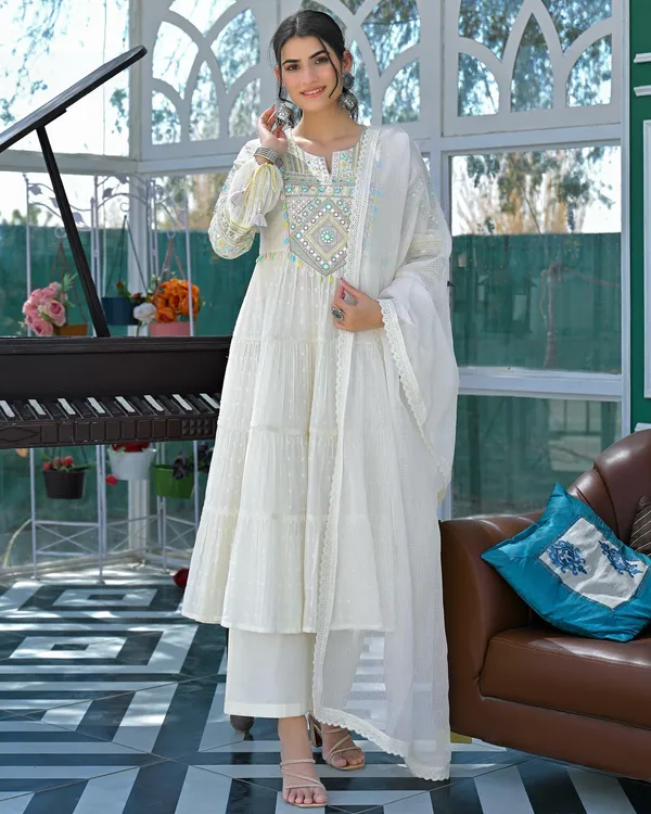 Ivory Mirror Embroidered Cotton Kurta Set With Dupatta