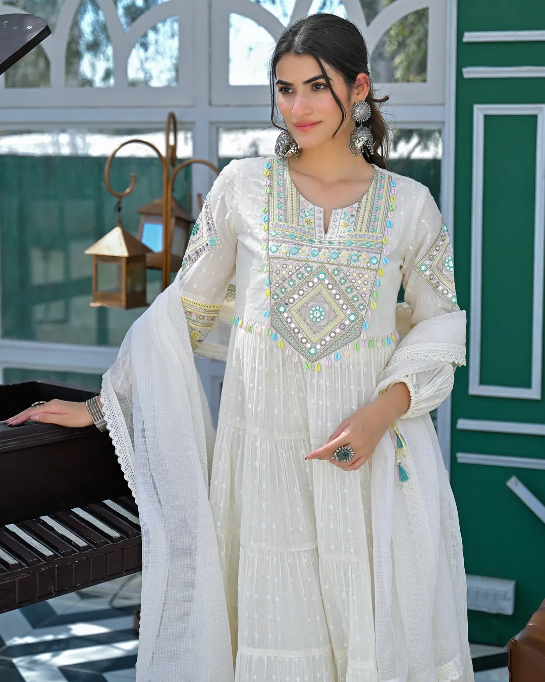 Ivory Mirror Embroidered Cotton Kurta Set With Dupatta