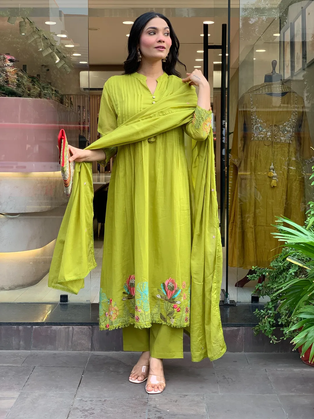 Olive Green Embroidered Chanderi Silk Kurta Set With Dupatta