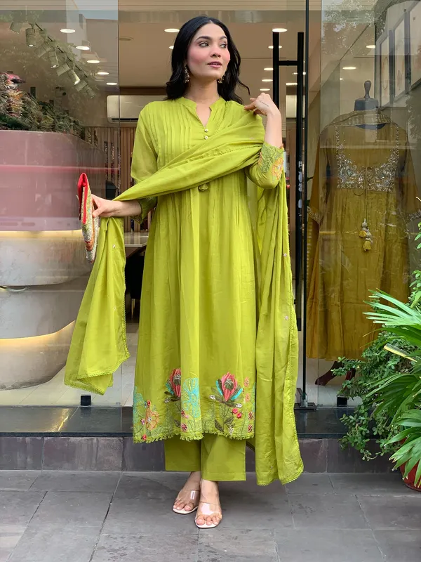 Olive Green Embroidered Chanderi Silk Kurta Set With Dupatta
