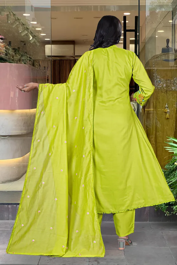 Olive Green Embroidered Chanderi Silk Kurta Set With Dupatta