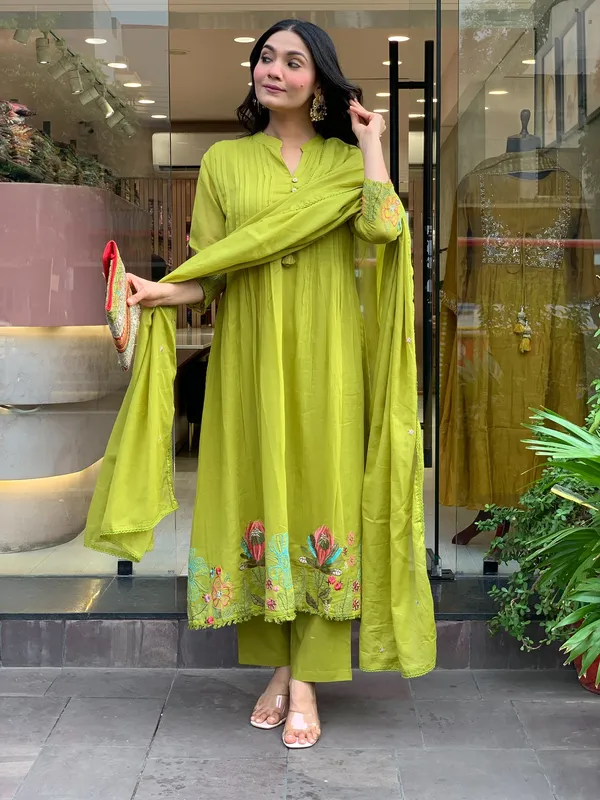 Olive Green Embroidered Chanderi Silk Kurta Set With Dupatta