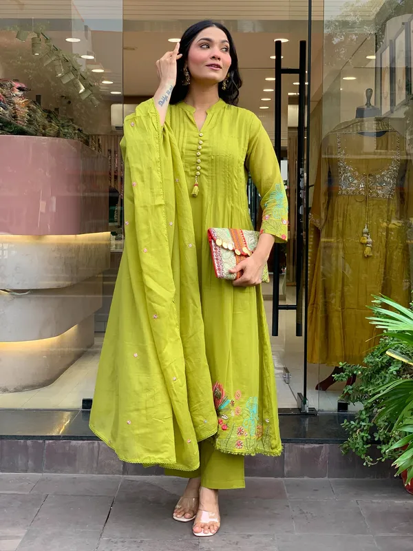 Olive Green Embroidered Chanderi Silk Kurta Set With Dupatta