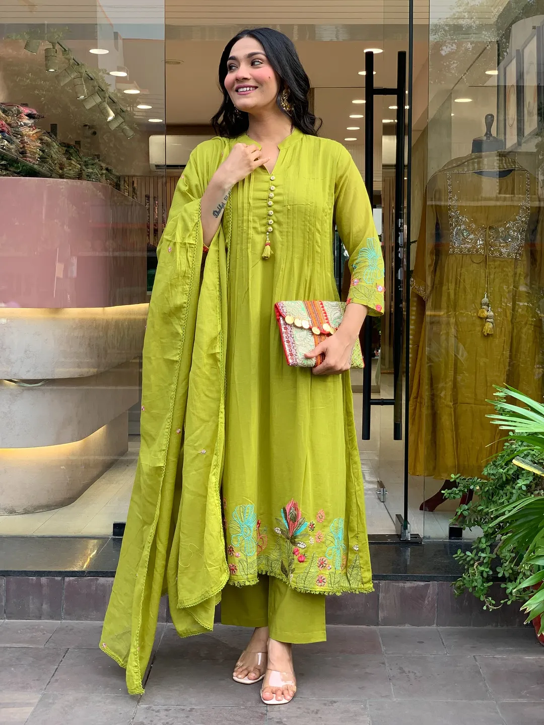 Olive Green Embroidered Chanderi Silk Kurta Set With Dupatta