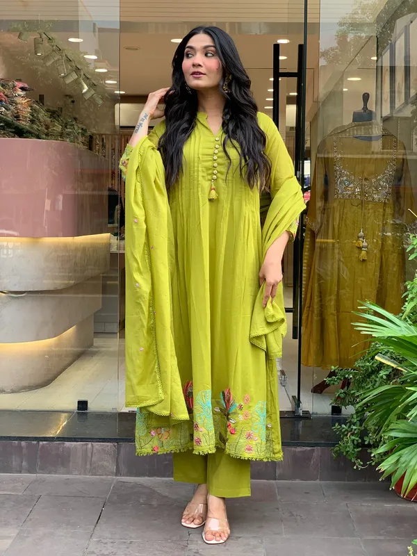 Olive Green Embroidered Chanderi Silk Kurta Set With Dupatta