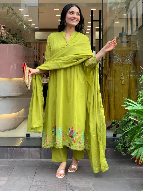 Olive Green Embroidered Chanderi Silk Kurta Set With Dupatta