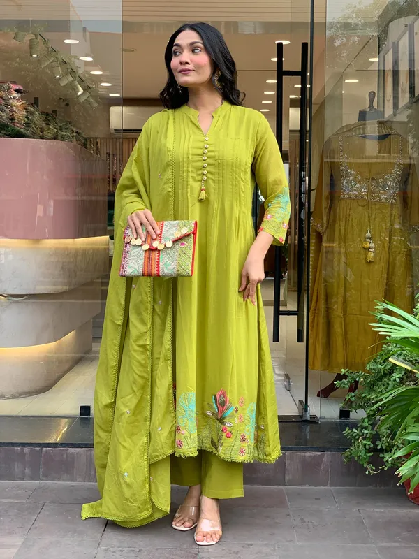 Olive Green Embroidered Chanderi Silk Kurta Set With Dupatta