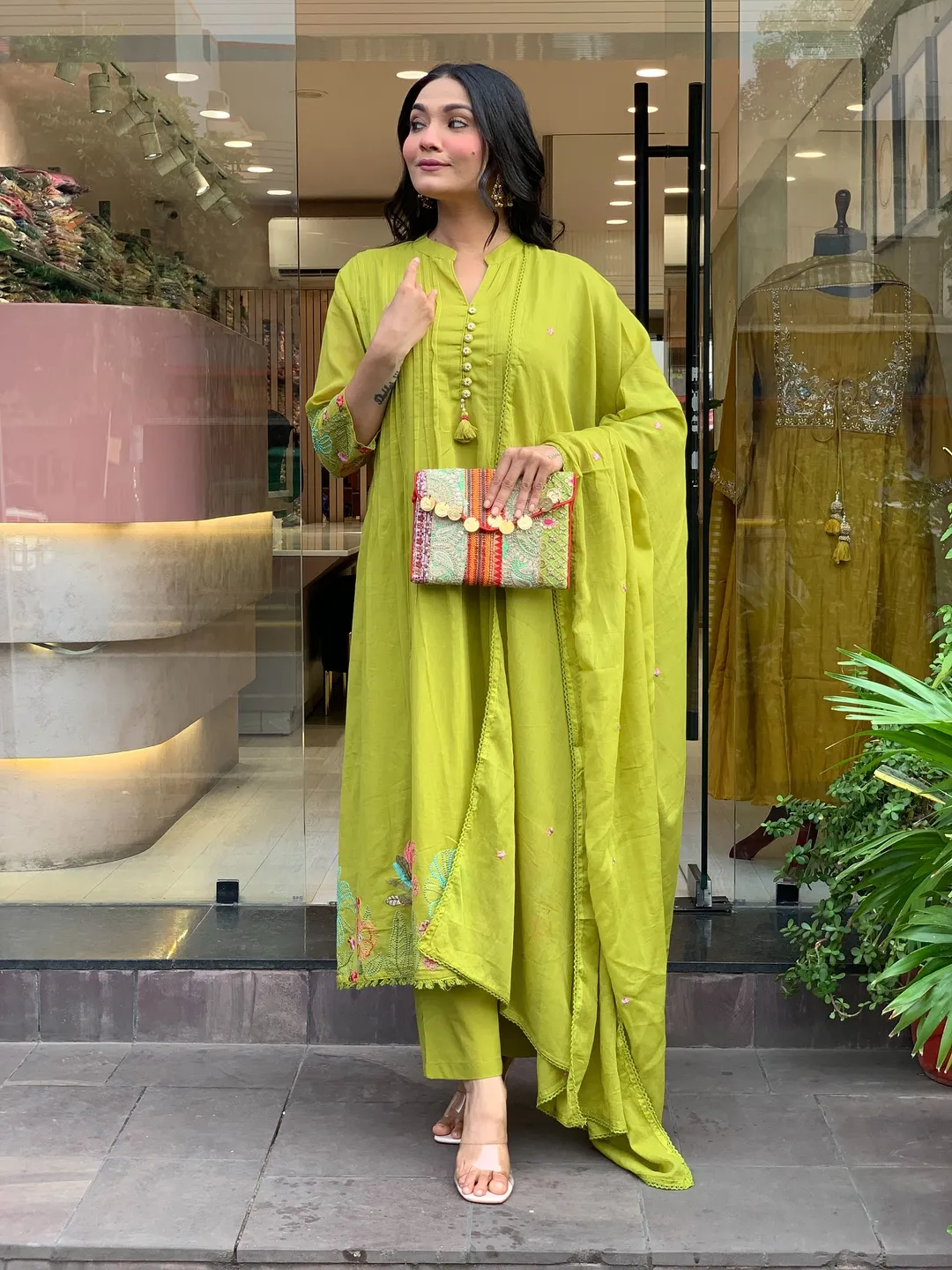 Olive Green Embroidered Chanderi Silk Kurta Set With Dupatta