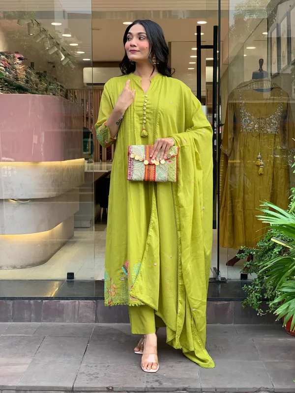 Olive Green Embroidered Chanderi Silk Kurta Set With Dupatta