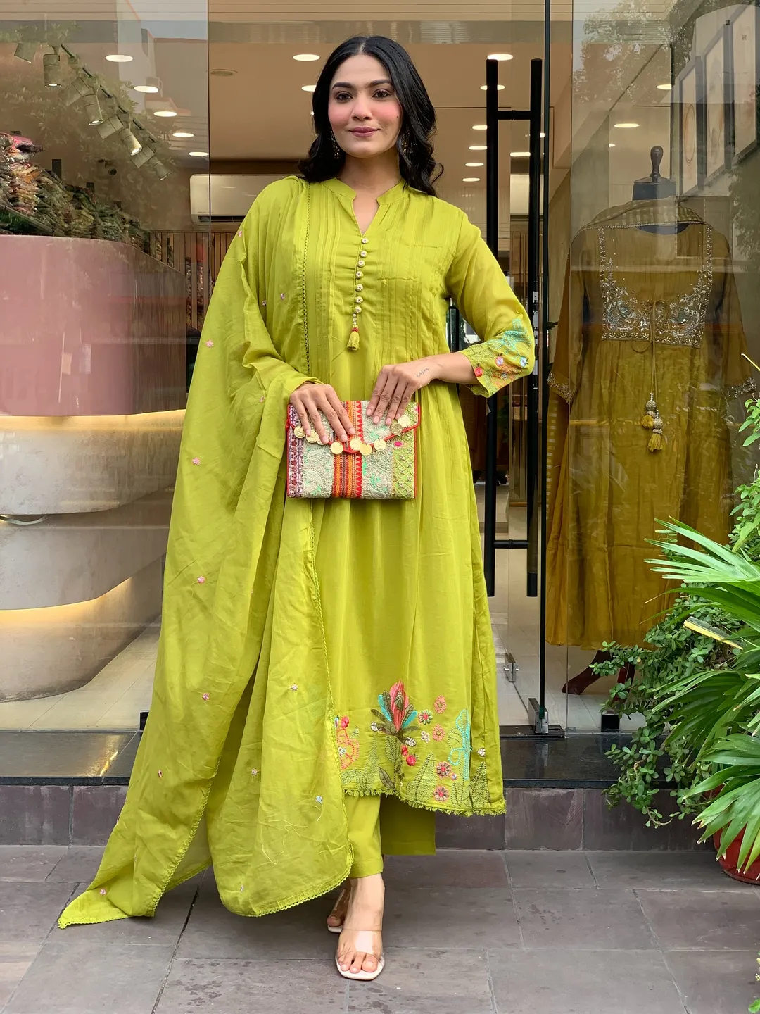 Olive Green Embroidered Chanderi Silk Kurta Set With Dupatta