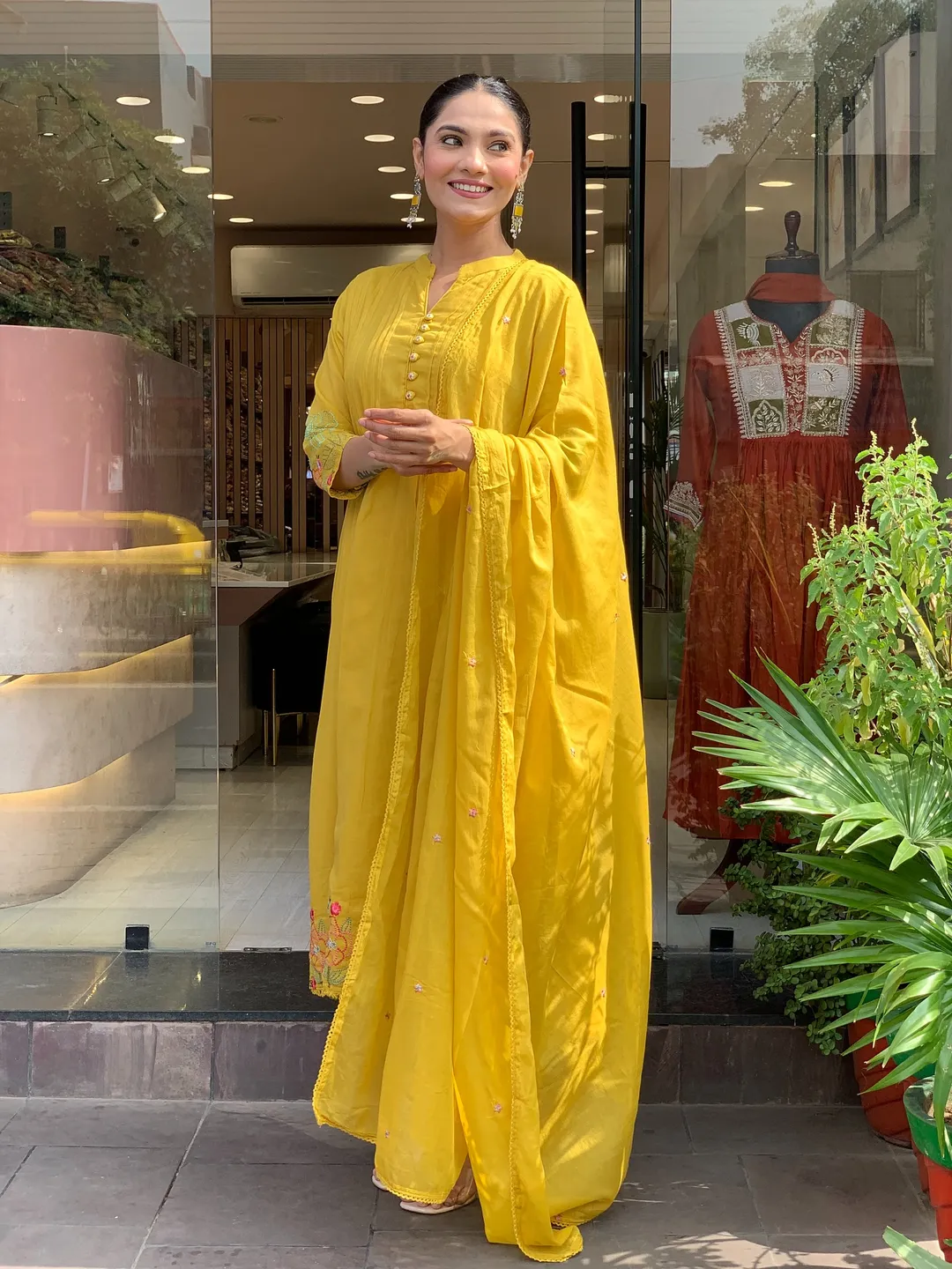 Mustard Yellow Embroidered Chanderi Silk Kurta Set