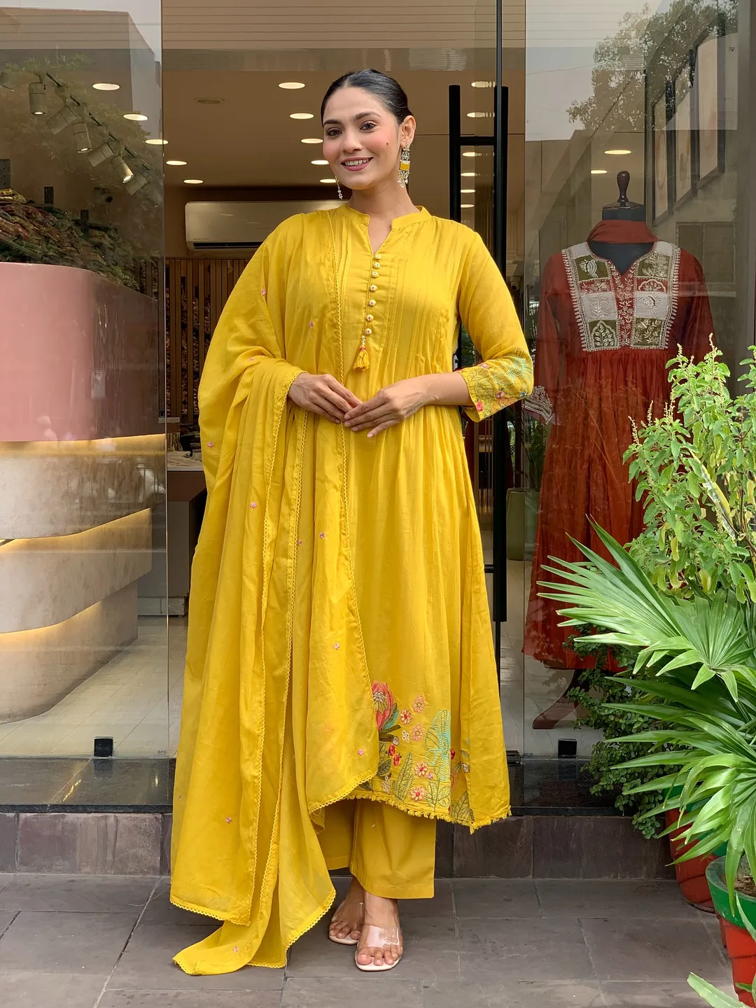 Mustard Yellow Embroidered Chanderi Silk Kurta Set