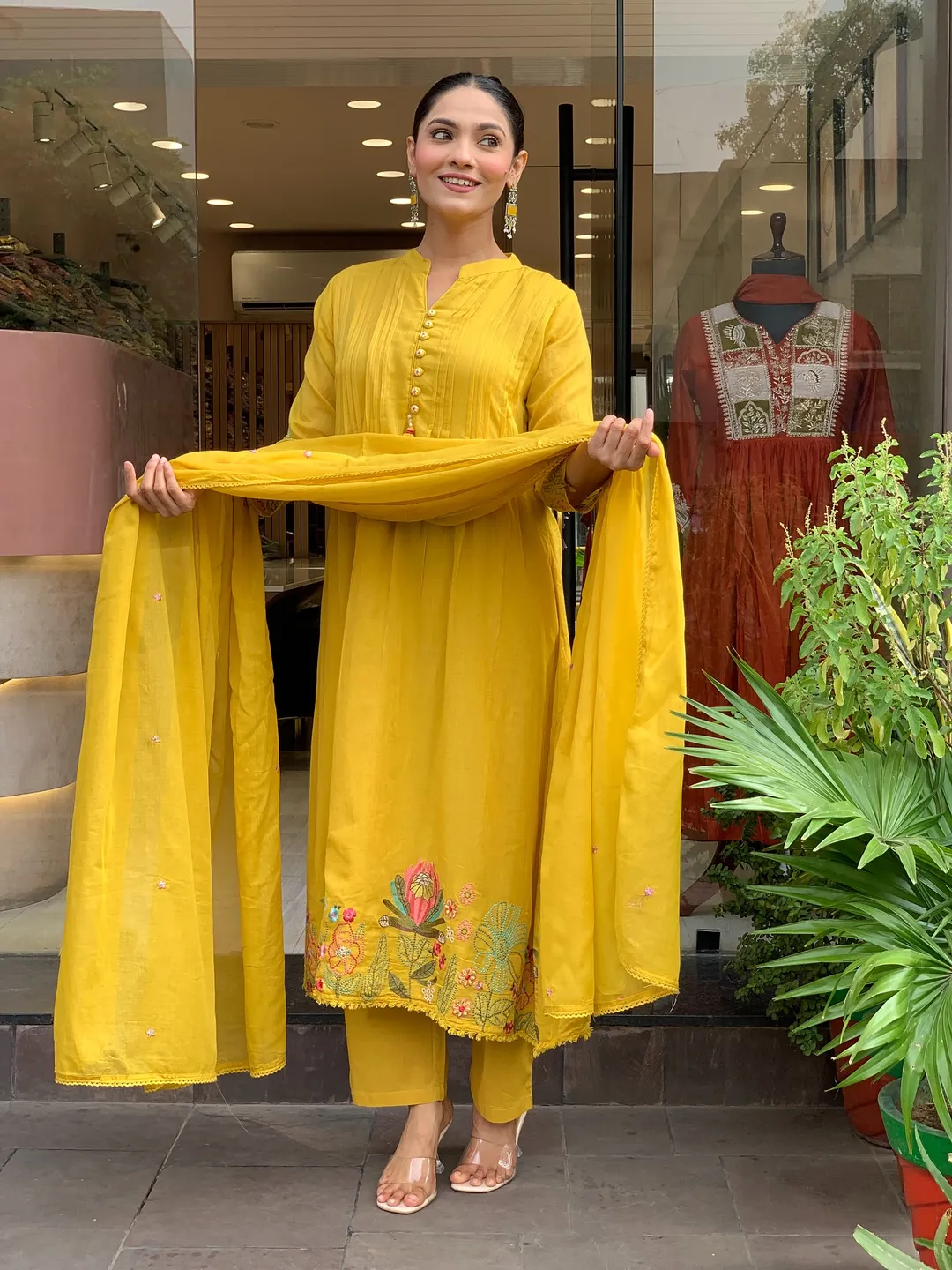 Mustard Yellow Embroidered Chanderi Silk Kurta Set