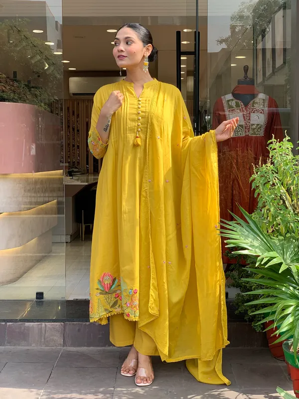 Mustard Yellow Embroidered Chanderi Silk Kurta Set