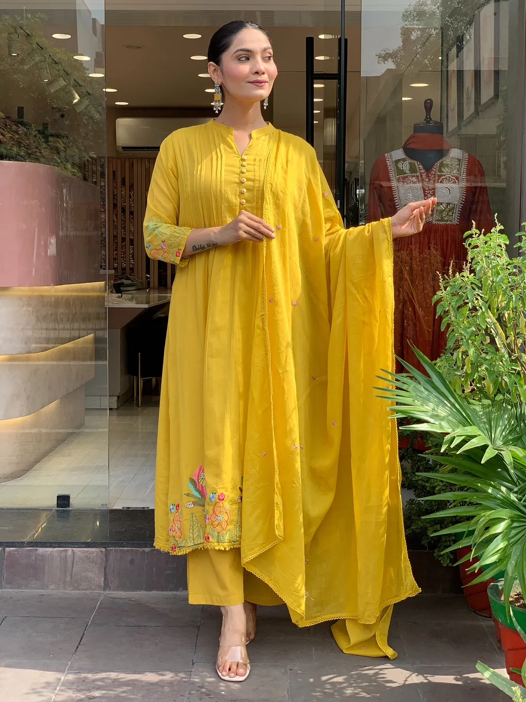 Mustard Yellow Embroidered Chanderi Silk Kurta Set