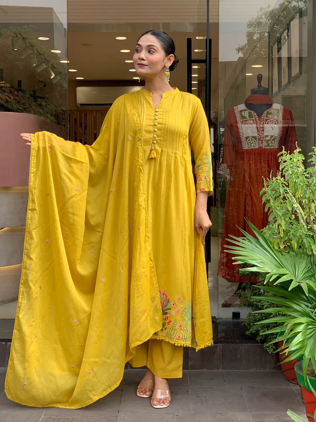 Mustard Yellow Embroidered Chanderi Silk Kurta Set