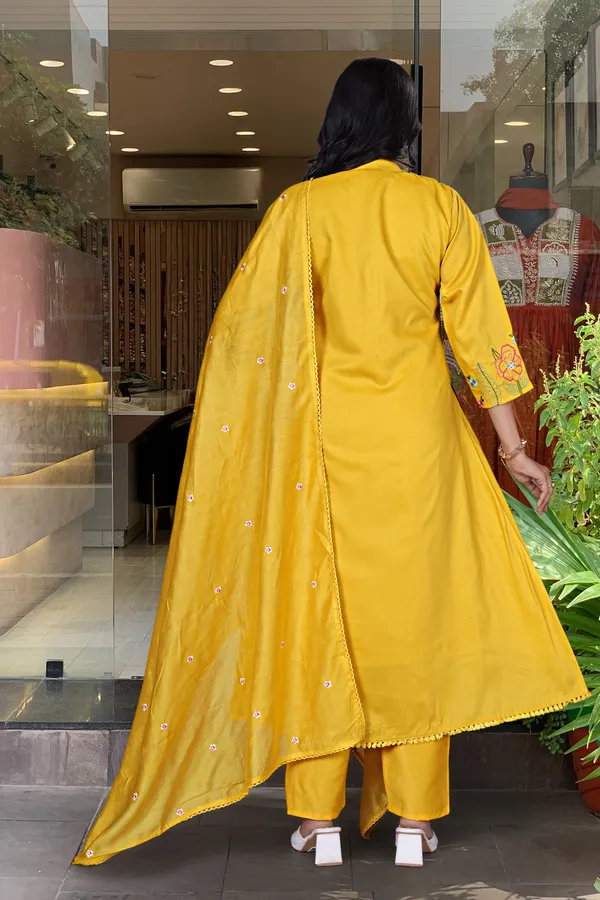 Mustard Yellow Embroidered Chanderi Silk Kurta Set