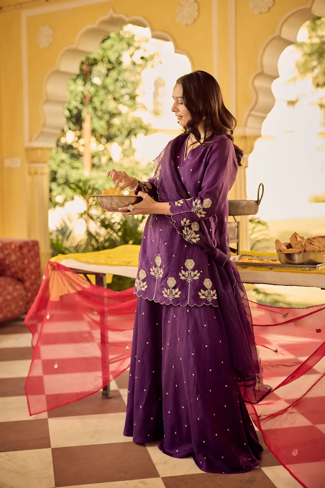 Purple Embroidered Chanderi Kurta Palazzo Dupatta Set
