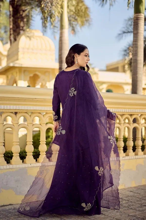 Purple Embroidered Chanderi Kurta Palazzo Dupatta Set