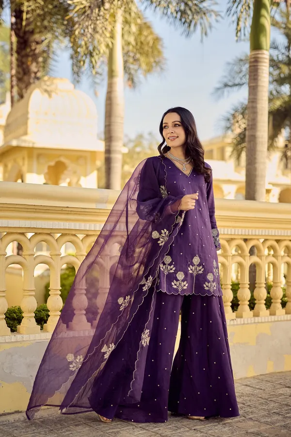 Purple Embroidered Chanderi Kurta Palazzo Dupatta Set