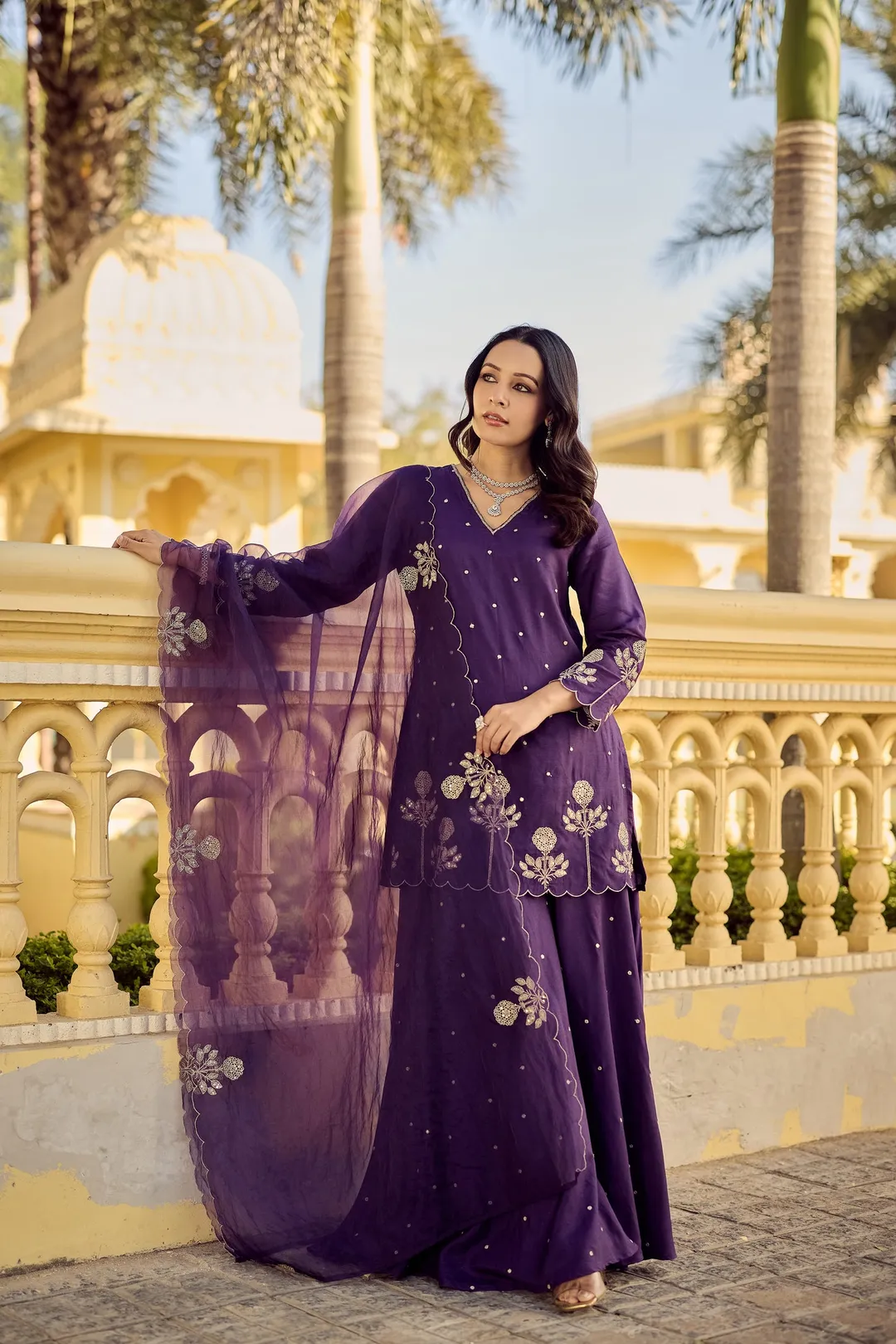 Purple Embroidered Chanderi Kurta Palazzo Dupatta Set