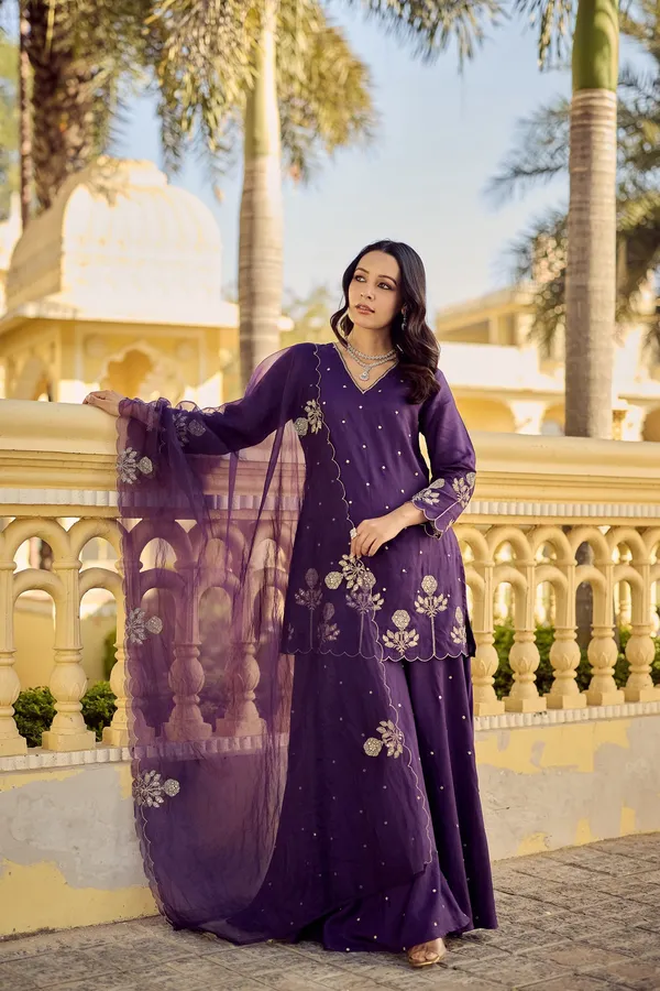 Purple Embroidered Chanderi Kurta Palazzo Dupatta Set