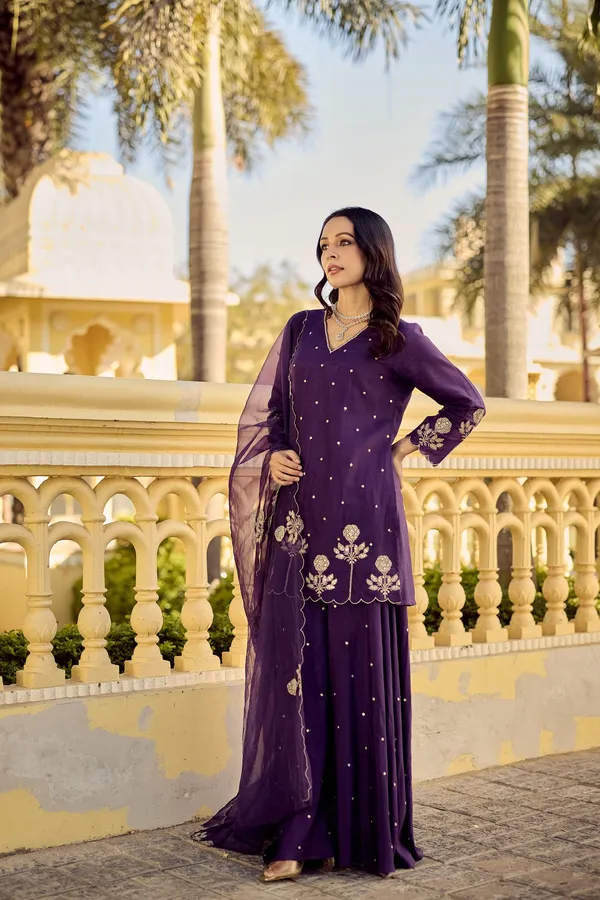 Purple Embroidered Chanderi Kurta Palazzo Dupatta Set