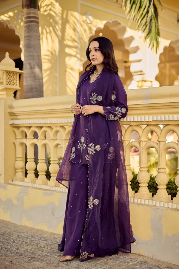 Purple Embroidered Chanderi Kurta Palazzo Dupatta Set