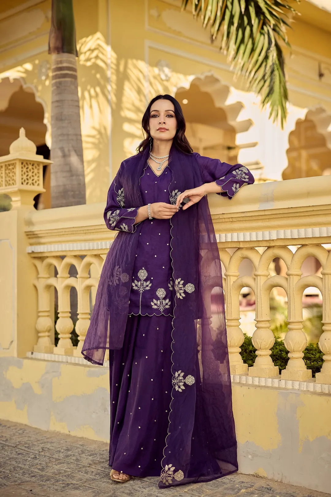 Purple Embroidered Chanderi Kurta Palazzo Dupatta Set