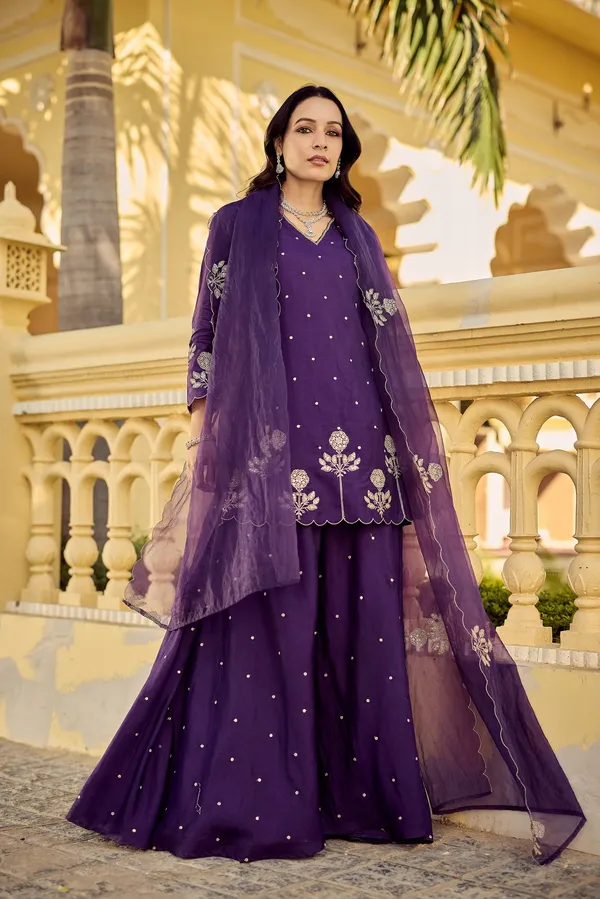 Purple Embroidered Chanderi Kurta Palazzo Dupatta Set