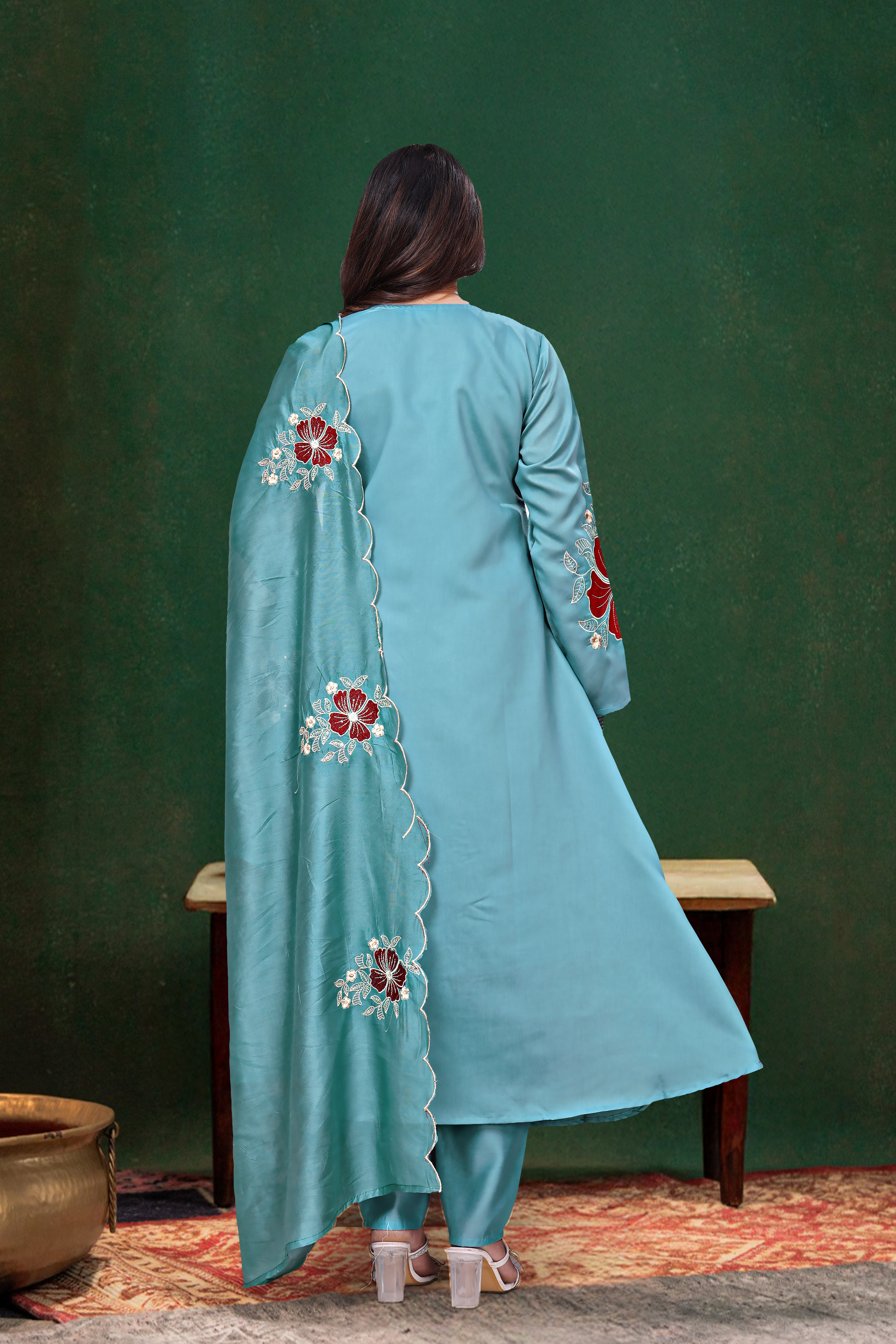 Embroidered red chanderi salwar suit