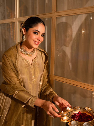 Olive Embroidered Chanderi Kurta Pant Dupatta Set