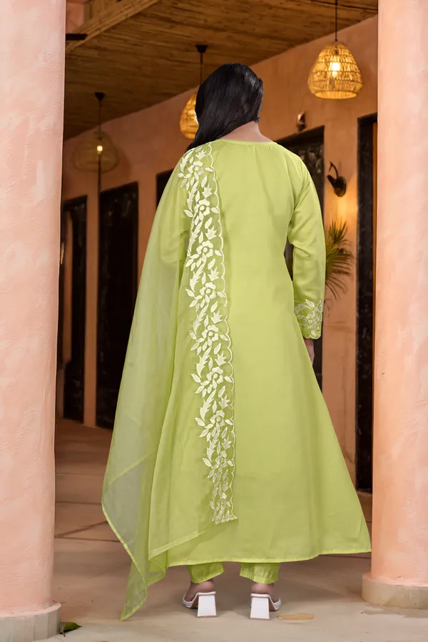 Pista Green Embroidered Chanderi Kurta Dupatta Set