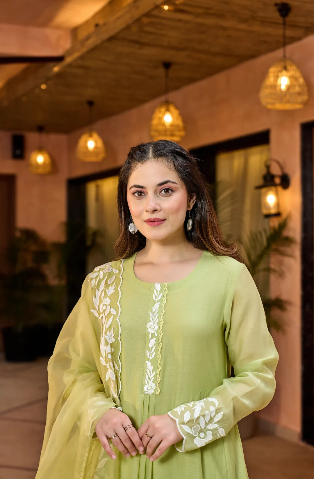 Pista Green Embroidered Chanderi Kurta Dupatta Set