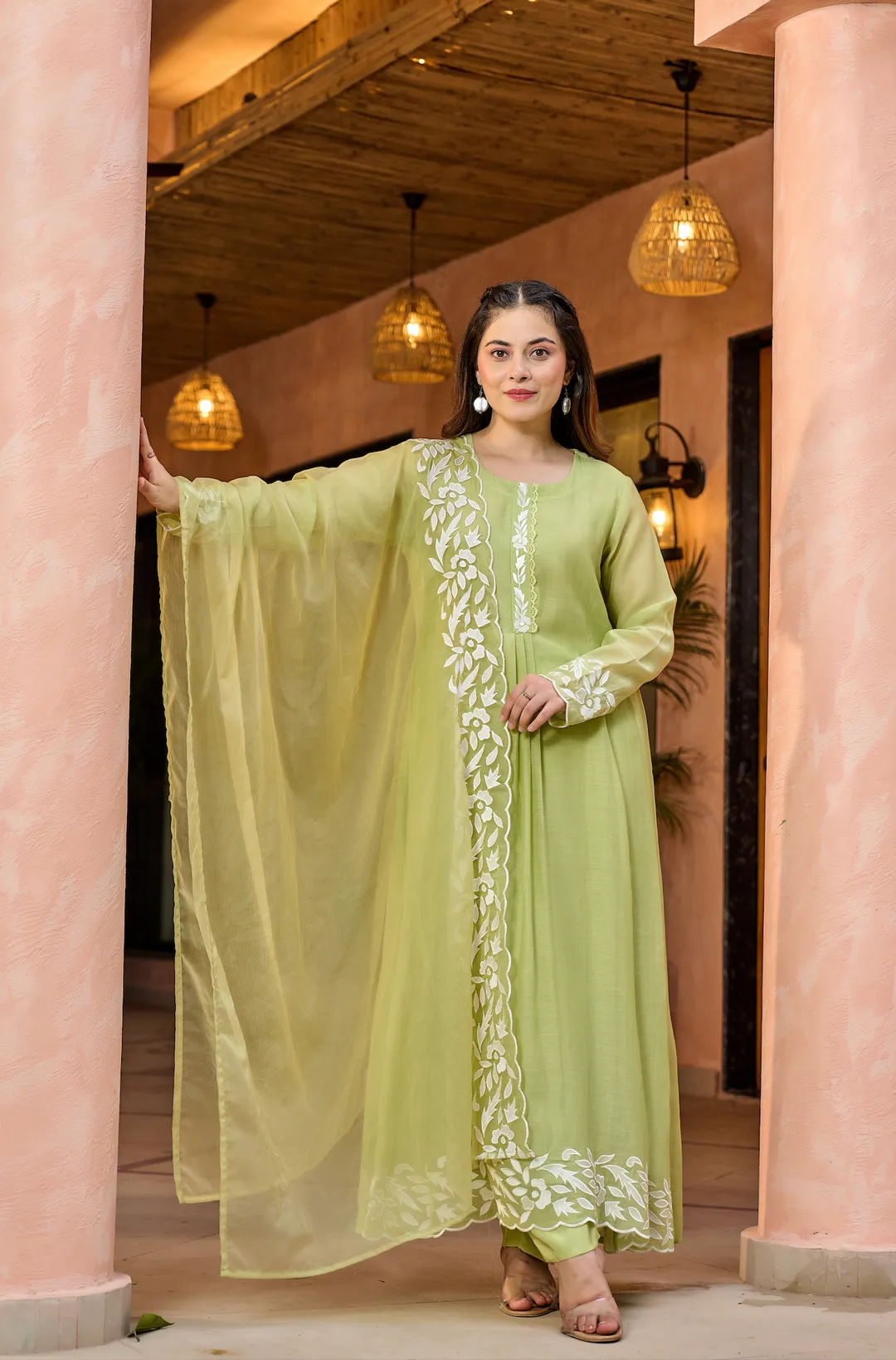 Pista Green Embroidered Chanderi Kurta Dupatta Set