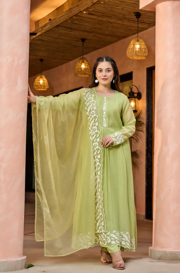 Pista Green Embroidered Chanderi Kurta Dupatta Set