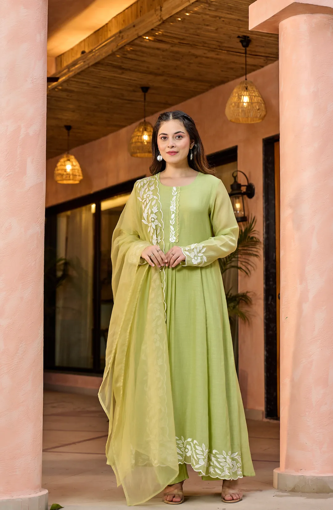 Pista Green Embroidered Chanderi Kurta Dupatta Set