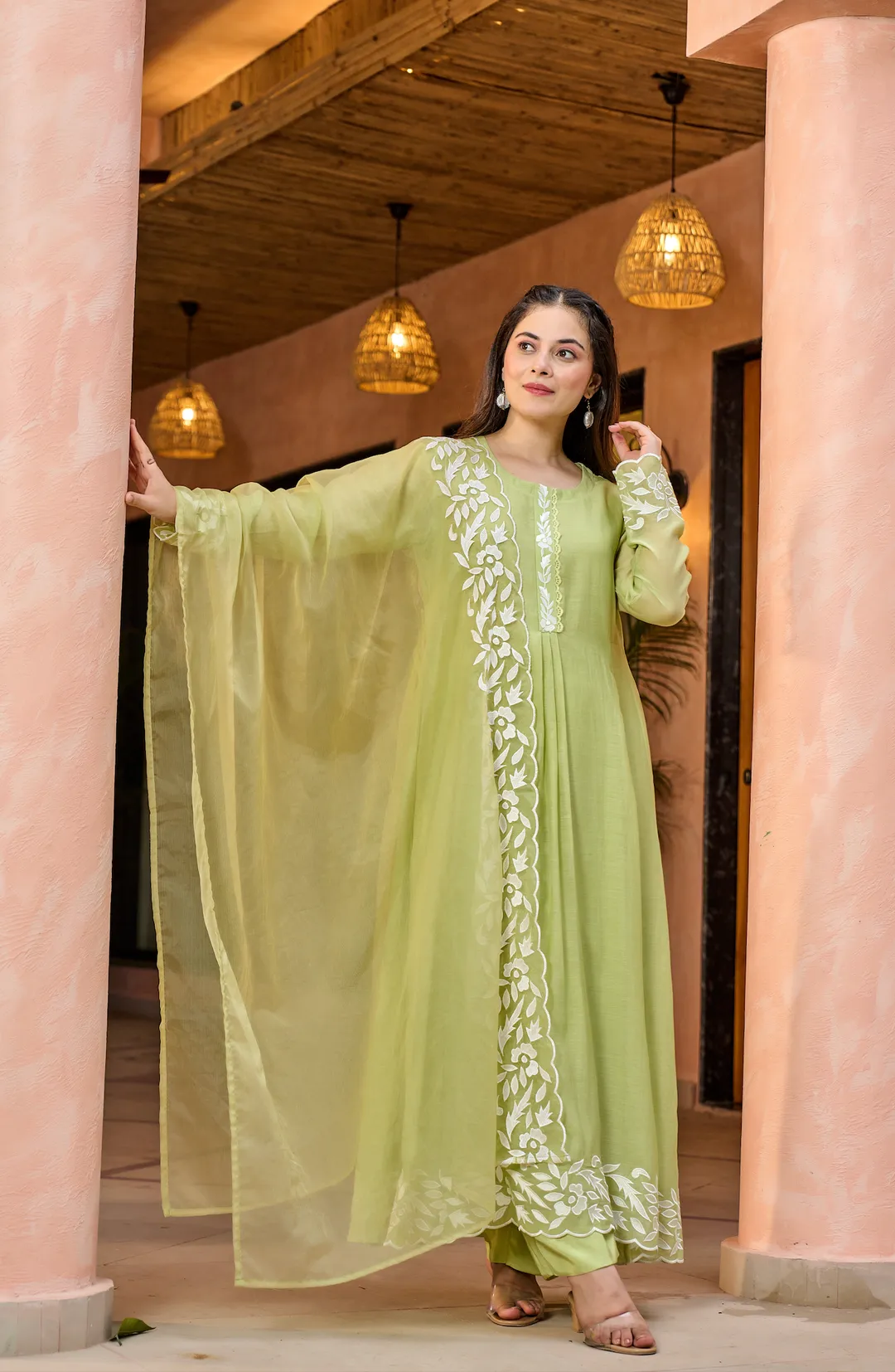 Pista Green Embroidered Chanderi Kurta Dupatta Set