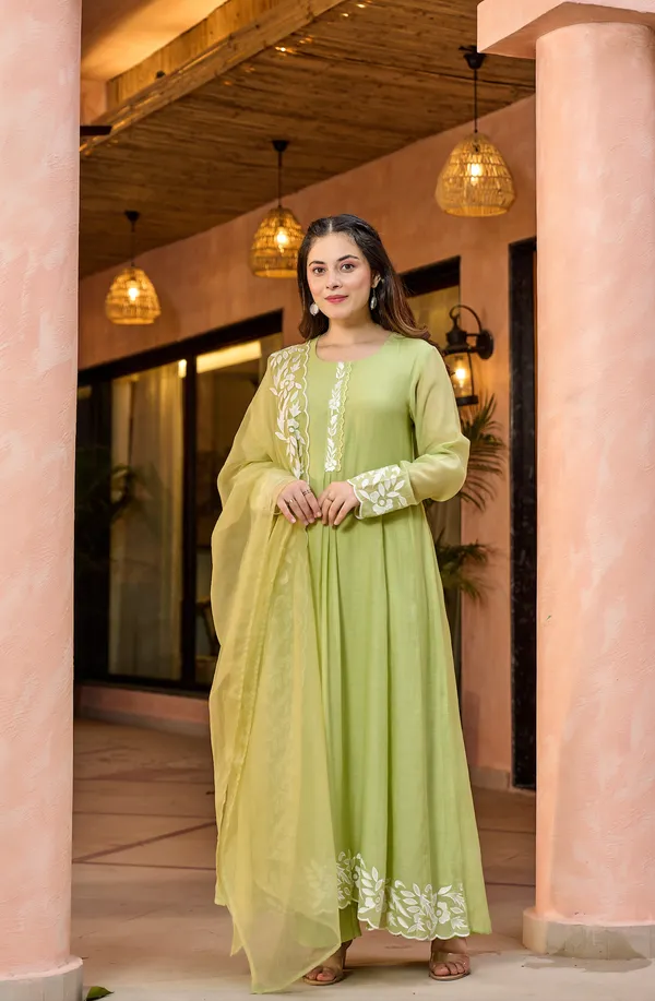 Pista Green Embroidered Chanderi Kurta Dupatta Set
