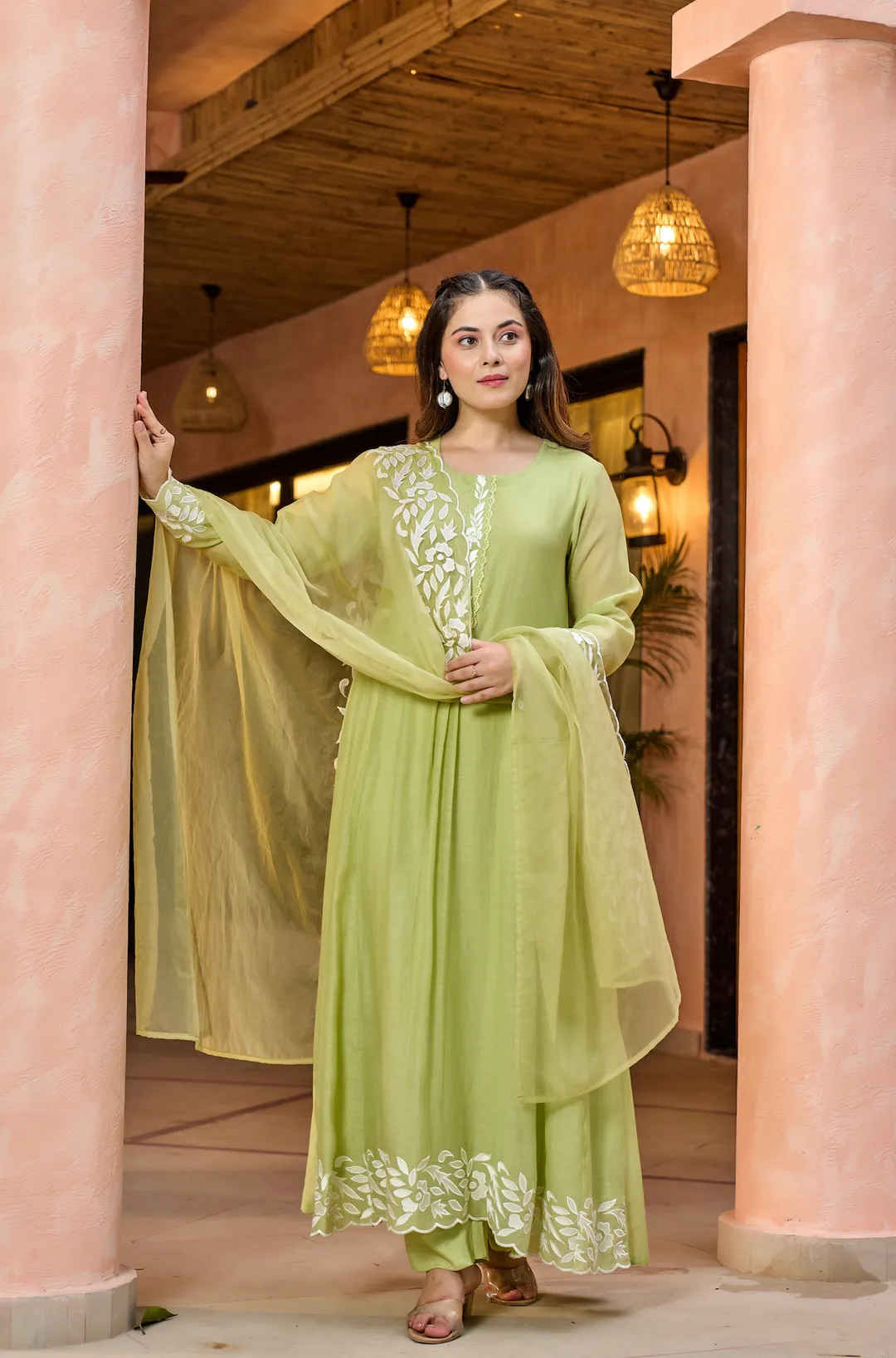 Pista Green Embroidered Chanderi Kurta Dupatta Set