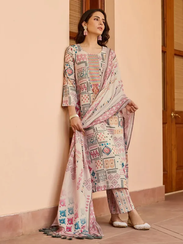 Cream Printed Cotton Kurta Pant Dupatta Set for Women