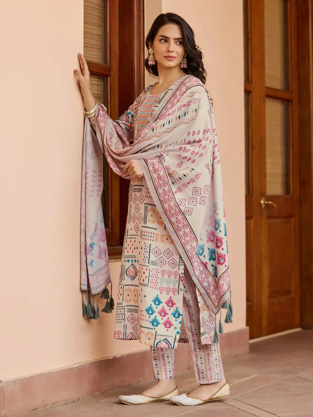 Cream Printed Cotton Kurta Pant Dupatta Set for Women