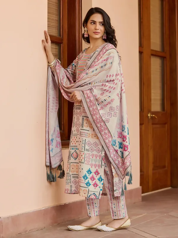 Cream Printed Cotton Kurta Pant Dupatta Set for Women