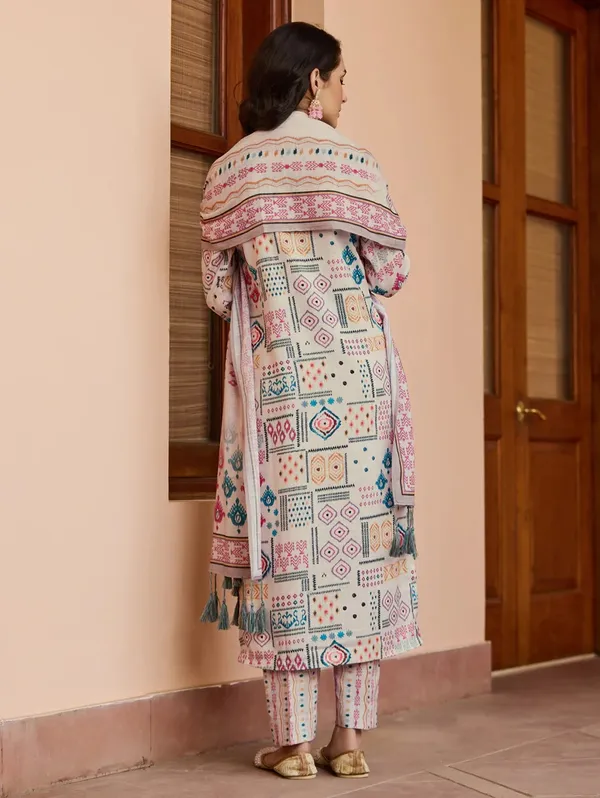 Cream Printed Cotton Kurta Pant Dupatta Set for Women
